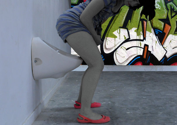 Woman peeing very far