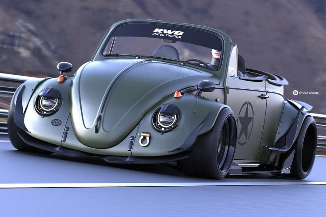 THIS LOWSLUNG VOLKSWAGEN BEETLE ROADSTER IS AN ARMYGREEN, STREET DRAG