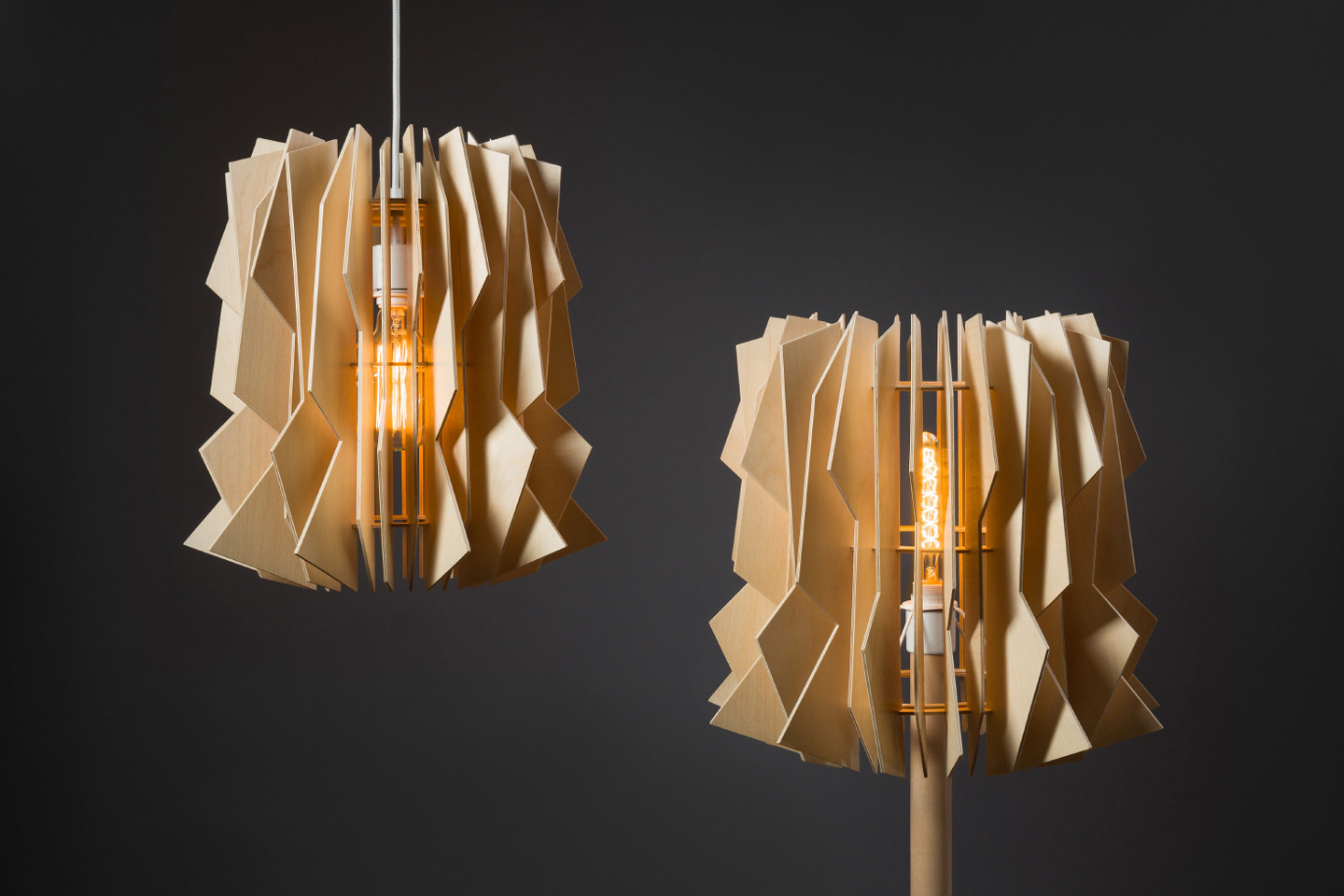 These laser-cut flat-packed wood panels assemble into a beautifully edgy  tornado-inspired lampshade - Yanko Design