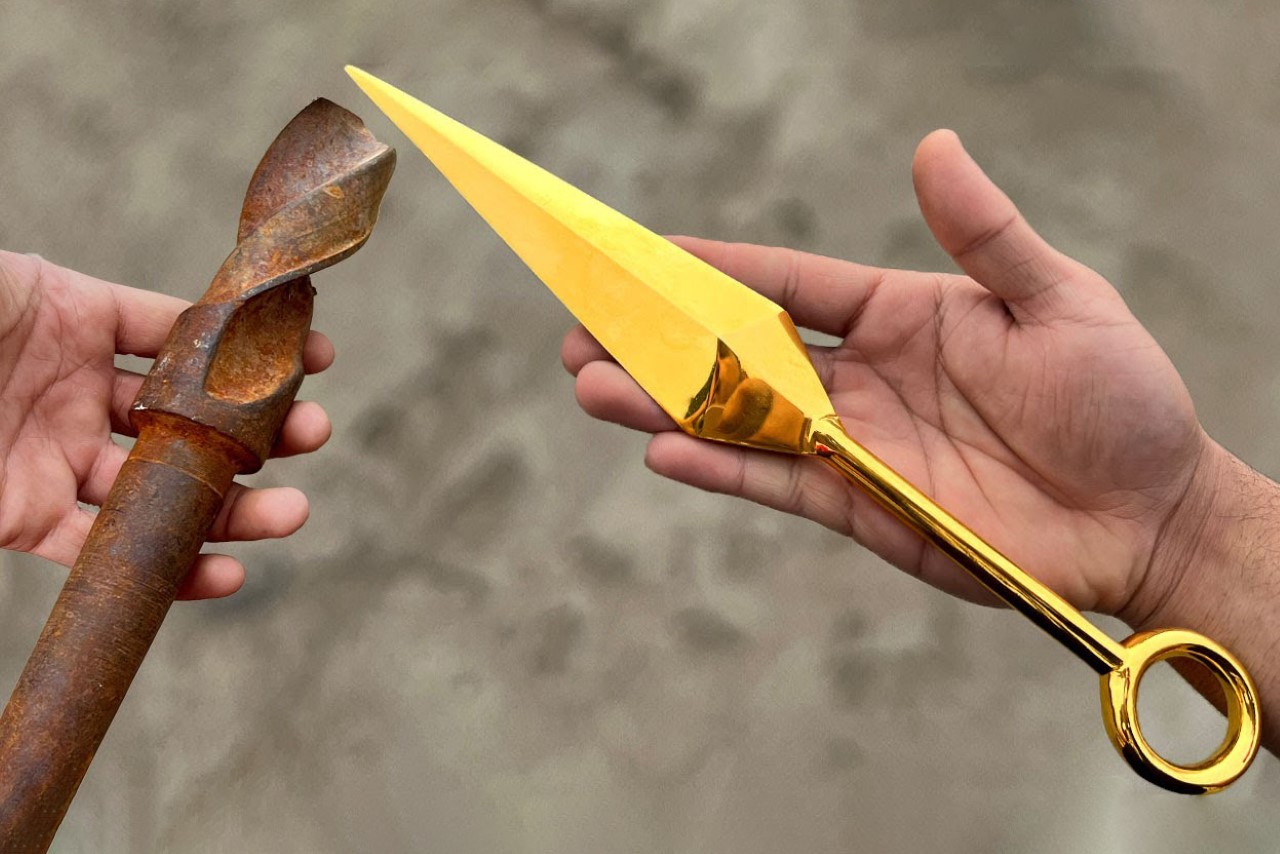 #Watch how this rusty old drill bit is converted into a 24k gold-plated Kunai throwing knife