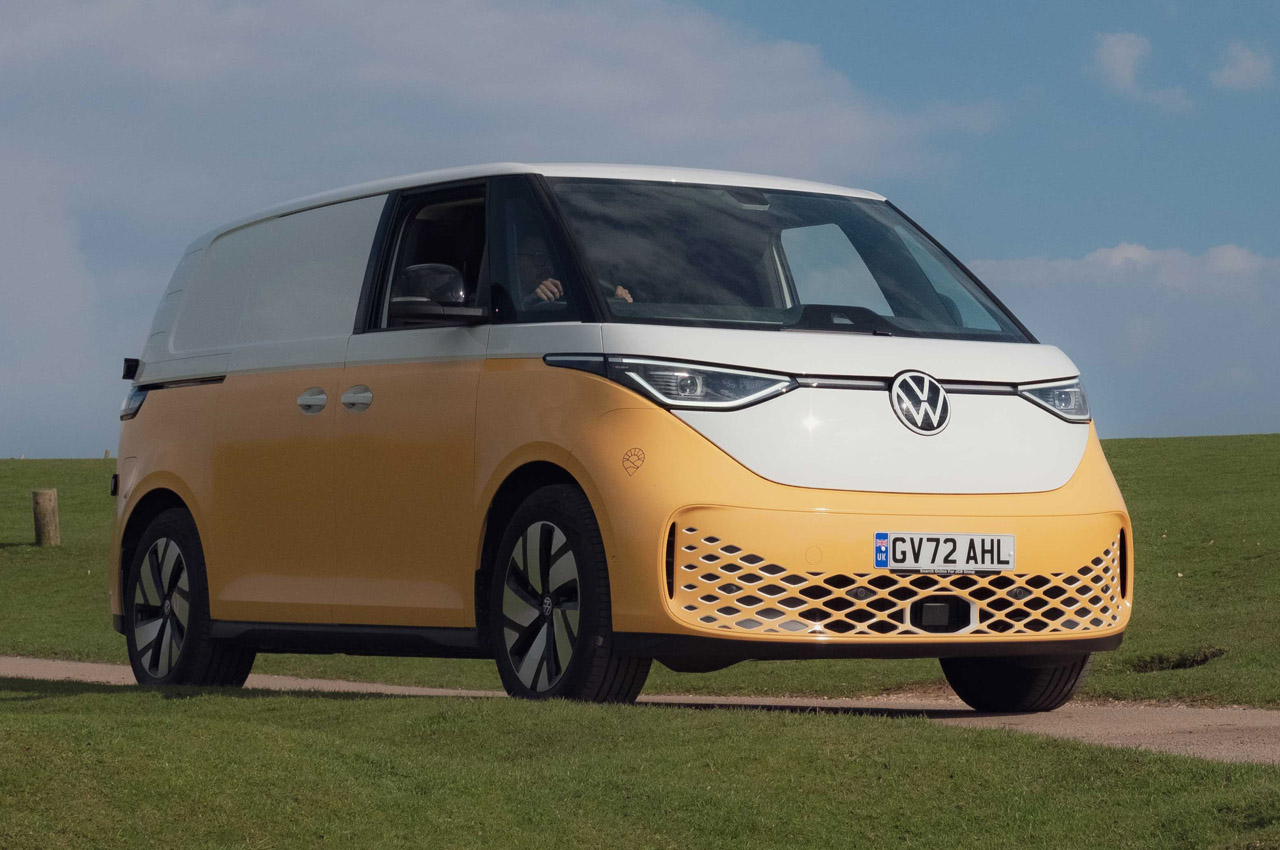 VW ID Buzz electric camper van with portable toilet and mini fridge is