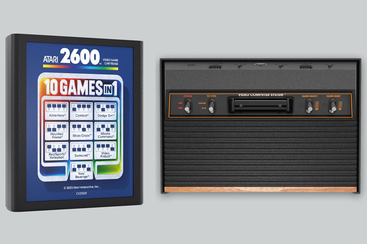 Retro-modern Atari 2600+ console plays classic game cartridges in
