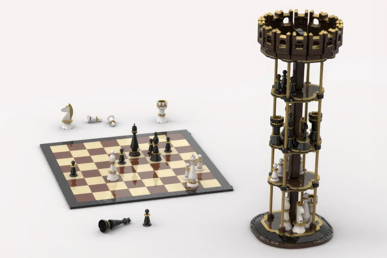 This Ingenious LEGO Chess Board folds into a Sculptural Tower when