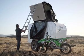 Off-road-ready lightweight and ultra-durable Next Adventure Trailer toy hauler rides behind any size car