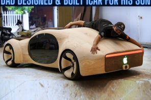 Super dad hand-crafts a working Apple Car concept out of wood for his son