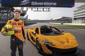 Lando drives incredible Life-sized LEGO McLaren P1 for a lap around the Silverstone Circuit