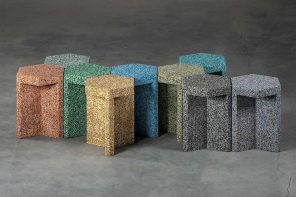 Mosaic-like stools are made from the soles of discarded rubber shoes