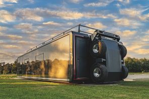 Expandable Touchdown transports as any trailer, docks flat on ground for convenient accessibility