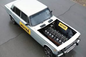 16 Chainsaws get converted into an oversized V16 engine for a Custom Lada Design